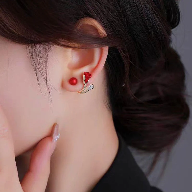 Silver Post Tulip Red Flower Earrings - Image 3