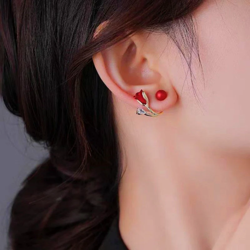 Silver Post Tulip Red Flower Earrings - Image 4