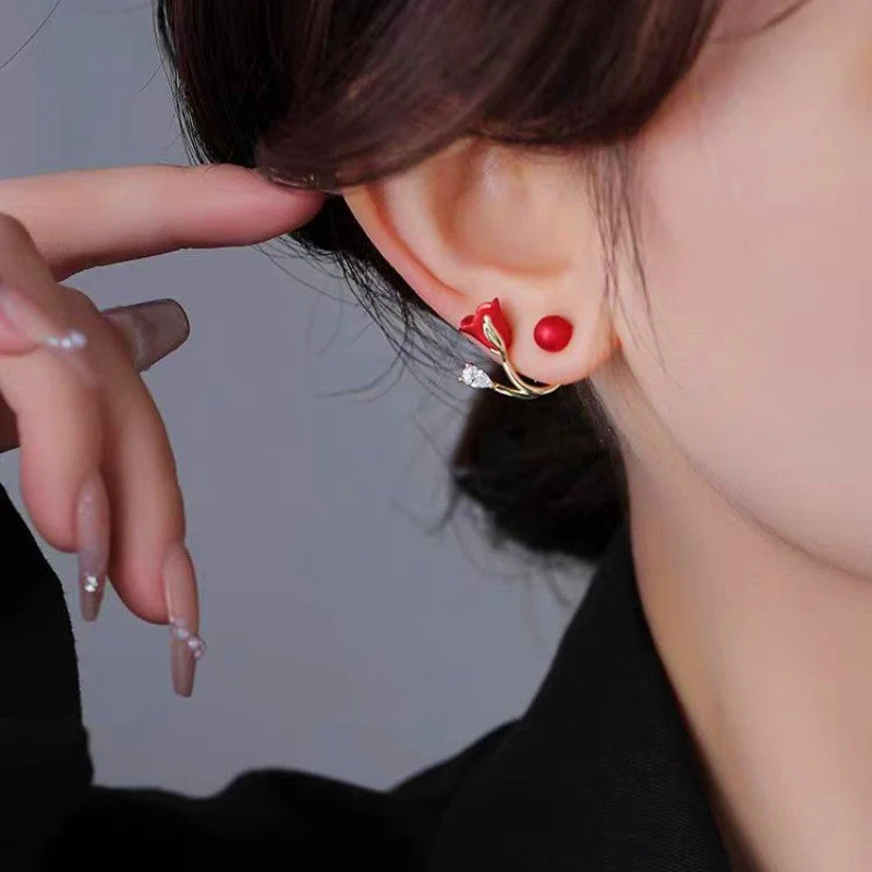 Silver Post Tulip Red Flower Earrings - Image 5